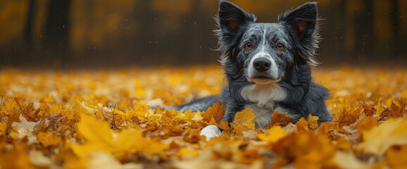 Wall Mural - Border Collie in Autumn Leaves