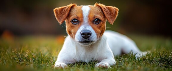 Wall Mural - Adorable Jack Russell Terrier Puppy Lying in Grass Looking at Camera