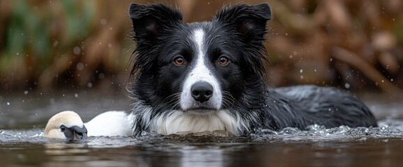 Poster - Border Collie Dog Swimming with a Swan