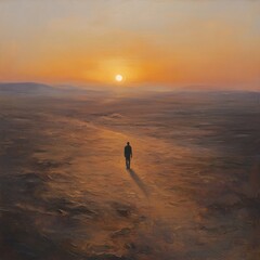 Sticker - A lone figure walks towards the setting sun in a vast desert landscape.