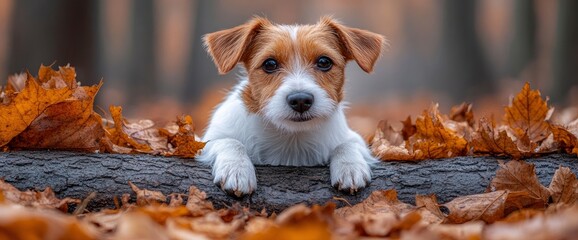 Wall Mural - Cute Jack Russell Terrier Puppy in Autumn Leaves