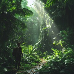 Poster - A lone hiker explores a lush, green jungle, sunlight filtering through the dense canopy overhead.