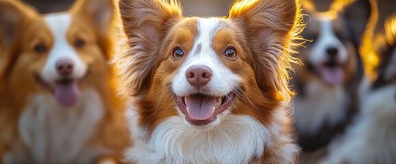 Wall Mural - Happy Border Collie Puppy Looking at Camera with Other Dogs in Background