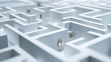 3D Integrity Lock and Key Maze Concept - Minimalist Security Design Illustrating Election Safety, Camera Navigation Through Maze Revealing Security Measures, Isolated on White for Cybersecurity Info