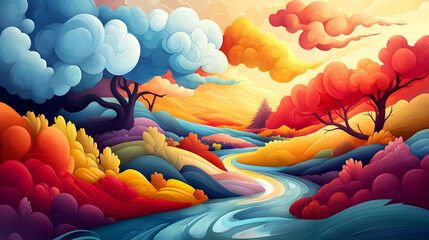 Poster - Colorful Landscape with Winding River and Trees