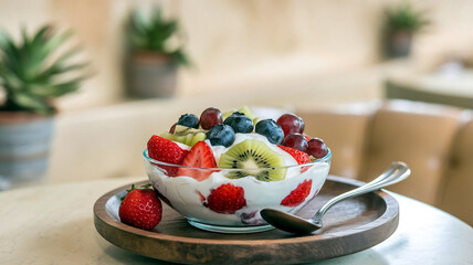 A vibrant bowl of fresh fruit salad with strawberries, kiwi, blueberries, yogurt in a soft restaurant setting, perfect for healthy dining. 