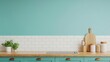 ©  Green Creator - Pastel blue kitchen with wooden countertops, white tile backsplash, and minimalist fixtures, colorful kitchen interior, modern cozy design