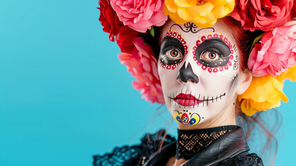 Wall Mural - Woman with Day of the Dead makeup and sugar skull face paint surrounded by vibrant flowers