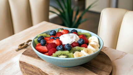 A vibrant bowl of fresh fruit salad with strawberries, kiwi, blueberries, yogurt in a soft restaurant setting, perfect for healthy dining. 