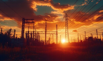 Wall Mural - Silhouettes of Power Lines at Sunset