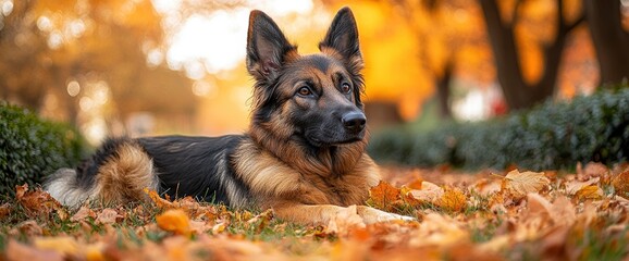 Canvas Print - German Shepherd Dog in Autumn Leaves