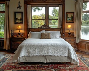 Wall Mural - A luxurious bedroom with a king-size bed, a large window overlooking a lake, and a beautiful rug.