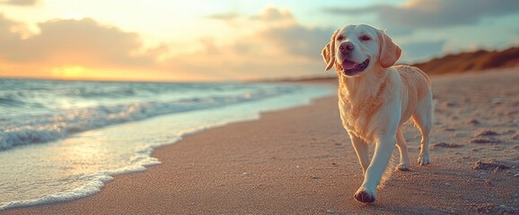 Wall Mural - Golden Retriever Dog Running on a Beach at Sunset