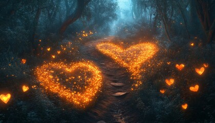 Sticker - A magical forest path with glowing hearts made of fireflies leading to the distance.