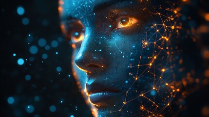 A woman's face is shown in a computer generated image with a blue eye and red lines. The image has a futuristic and technological feel to it, with the woman's face being made up of computer code