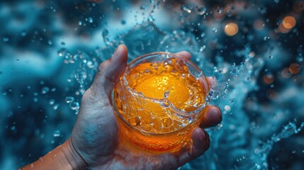 A hand holds a glass of orange juice with a splash of water.