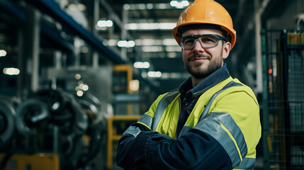 a worker at a factory wearing a helmet and protective clothing Generative AI