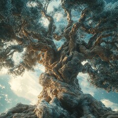 Poster - A majestic ancient tree with gnarled roots and branches reaching towards the sky, bathed in the warm glow of the setting sun.