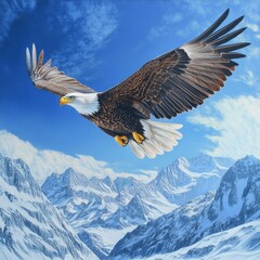 Canvas Print - A majestic bald eagle soars through the sky above snow-capped mountains.