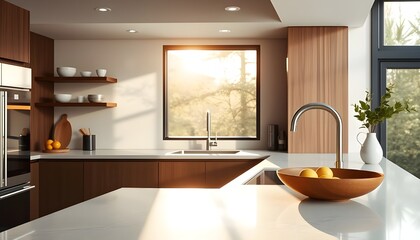 A sleek and modern kitchen counter, bathed in warm natural light, features a vibrant bowl of fresh fruits, a shiny stainless steel coffee maker.