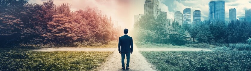 A person stands at a crossroads, contemplating a choice between a vibrant nature path and an urban skyline.