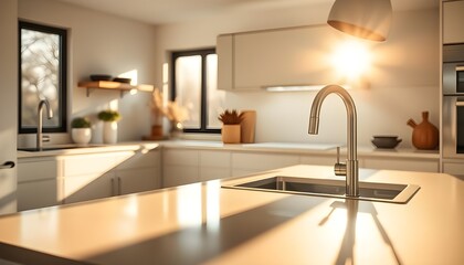 A serene and stylish kitchen counter, illuminated by the gentle warmth of a sunny morning.