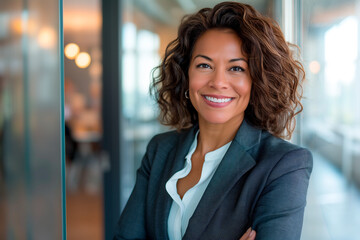 smiling confident woman in a suit in the office