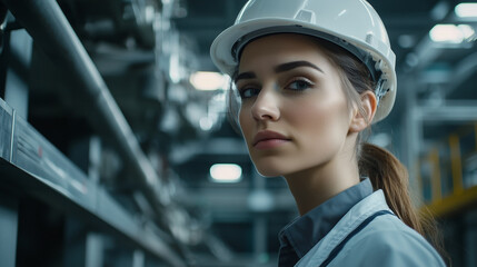 Wall Mural - young woman in a helmet at a factory Generative AI