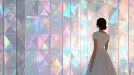 Poster - Woman in White Dress Admires Iridescent Wall with Geometric Patterns