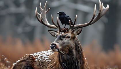 Wall Mural - Majestic red deer stag with a jackdaw perched gracefully on its back