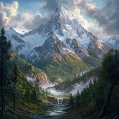 Canvas Print - A majestic snow-capped mountain peak towers over a lush valley with a cascading waterfall and mist-filled forest.