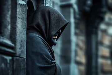 Wall Mural - A menacing hooded figure with sharp teeth, shrouded in a dark cloak, stands against an ominous, ancient stone wall, evoking a feeling of eerie suspense and gothic horror.