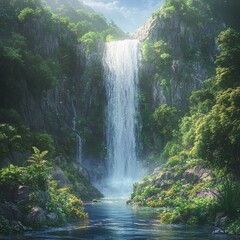 Canvas Print - A majestic waterfall cascades down a rocky cliff face, surrounded by lush greenery, with a tranquil pool of water at its base.