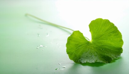 Wall Mural - A leaf is shown on a green background with water droplets on it