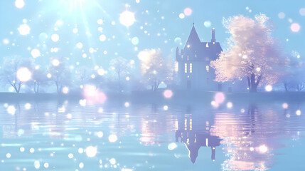 Poster - Enchanted Castle Reflecting on a Tranquil Lake, Magical Fantasy Landscape