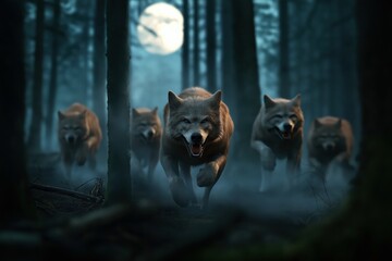 Sticker - A pack of wolves running through a misty forest under a full moon, with the lead wolf prominently in focus and appearing fierce and determined.