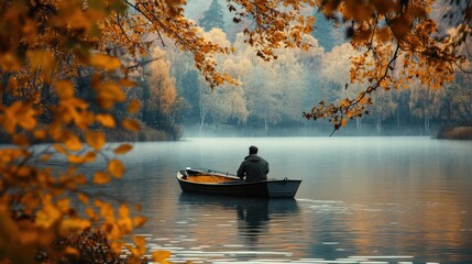 fisherman in a boat on the lake in autumn