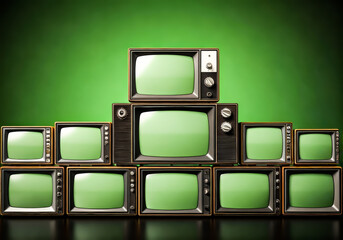 vintage television stacked illustration with green screen old scene mock-up	