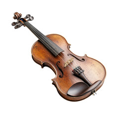 A brown violin with a black bow rests on a white background