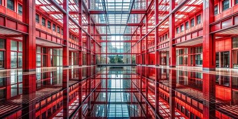 Aufkleber - Contemporary red and glass atrium with reflective surfaces creating a symmetrical, futuristic ambiance, atrium