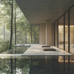 Poster - A minimalist patio with a pool and large windows overlooking a lush green forest.