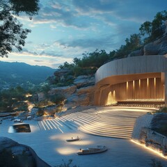 Sticker - A modern amphitheater built into a cliffside, illuminated by warm lights as dusk descends.