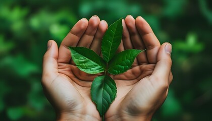 Hands united in natures embrace, symbolizing forest conservation and harmony with green leaves