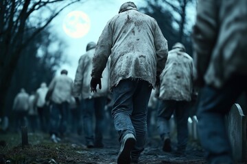 Sticker - A group of zombies dressed in worn, dirty clothing is walking through a dark forest, illuminated by the full moon. The atmosphere is eerie and mysterious.