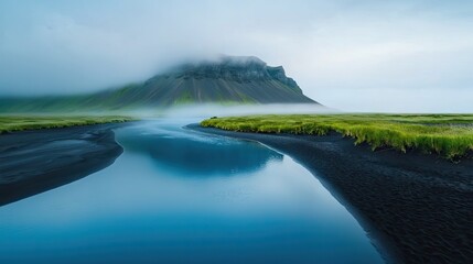 Wall Mural - Icelandic nature: a blue river in the center of an opening with green grass on top and black sand to one side, a mountain covered by fog 