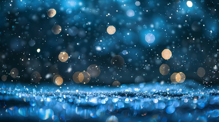 Glowing in the Dark Defocused Glitter Texture with Blue Bokeh Lights and Snow