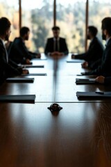 A formal boardroom meeting with executives discussing strategy around a large table in a modern office environment.