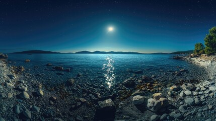 Wall Mural - Midnight beach, stones by the sea, crystal clear, ultra-wide angle lens, photo.