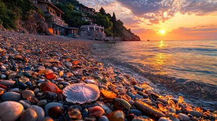 moon bay cobblestone beach, the wide and calm sea is clear, beautiful sunset, beautiful villa houses in the distance, densely packed with broken g, sony camera photoing, high authenticity, master 