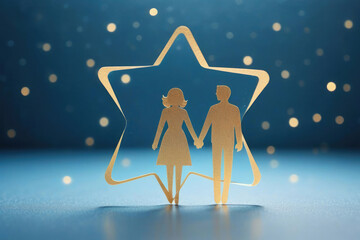 Paper cutout couple symbolizing partnership, family and relationships on a blue background with a bokeh effect.